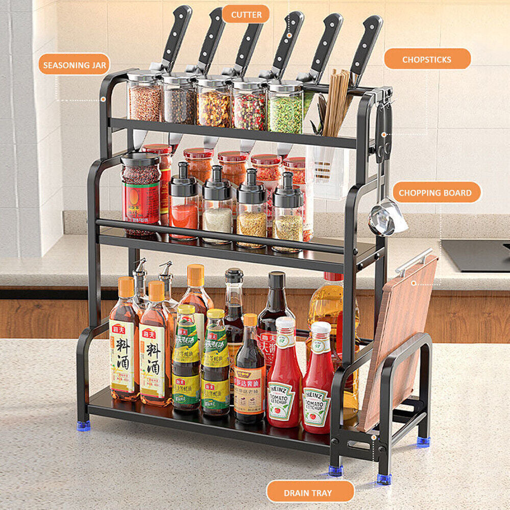 2/3 Tier Spice Rack Storage Stand Cabinet Organiser Pantry Kitchen Shelf Holder